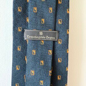Ermenegildo Zegna 100% Silk Neck Tie Navy & Orange Geometric Print (3.75" Width)